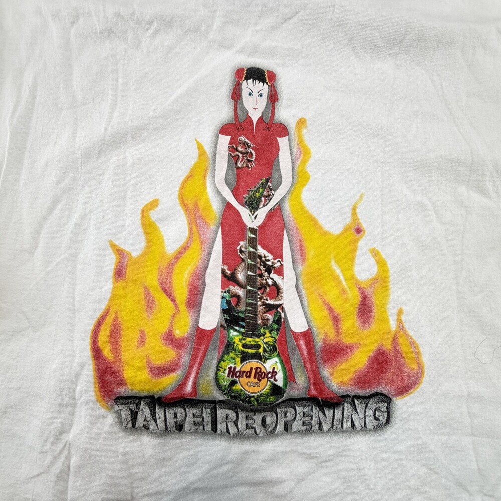 Vintage Hard Rock Cafe Taipei Shirt Mens XL White Reopening Flames Graphic Tee